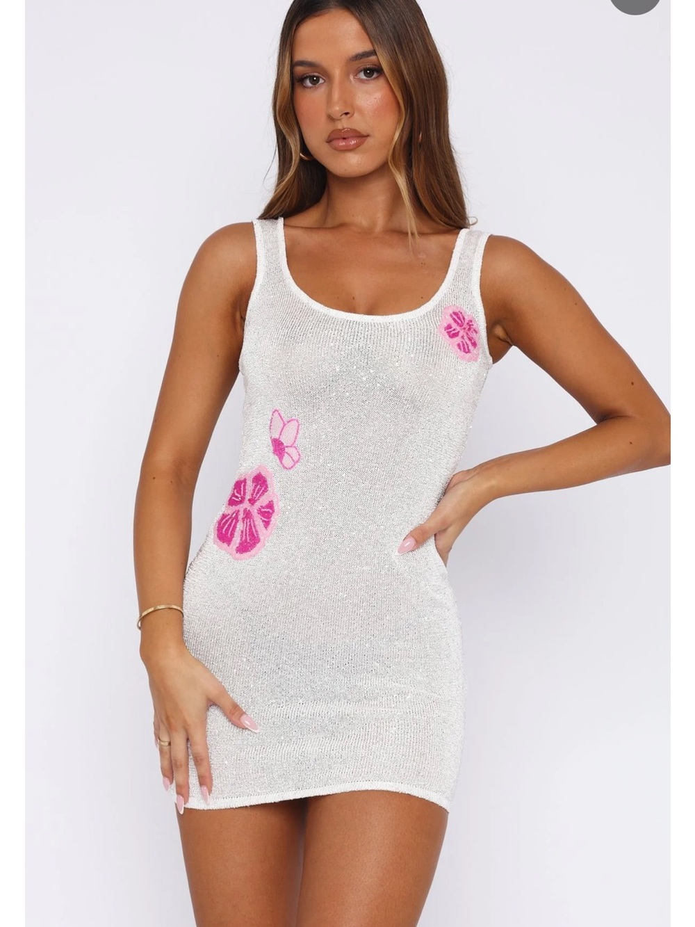 White Fox Boutique Floral Fantasy Sequin Knit Mini Dress White